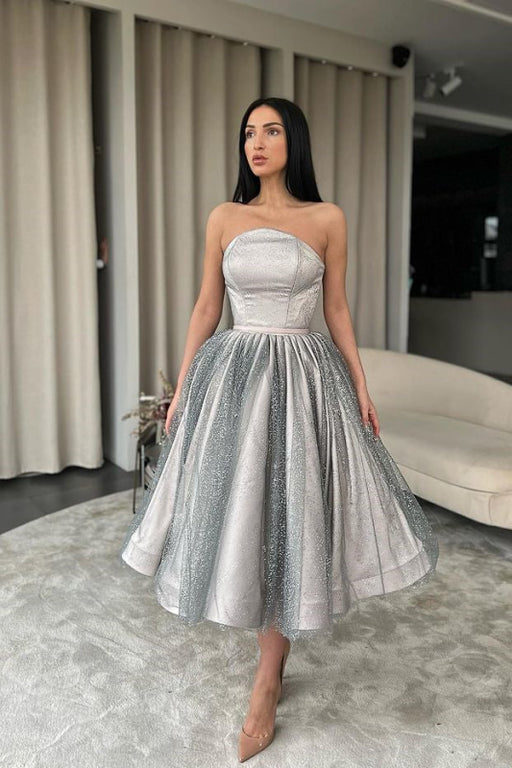 Strapless Silver A-Line Short Prom Dress With Sequins