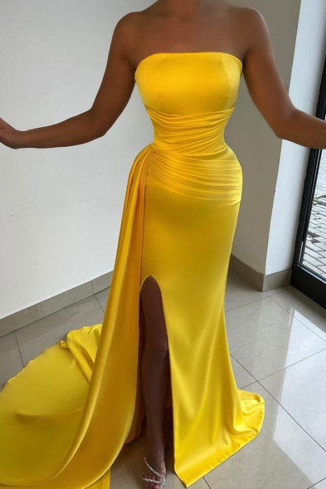 Strapless Sleeveless Light Yellow Prom Dress With Pleated Split