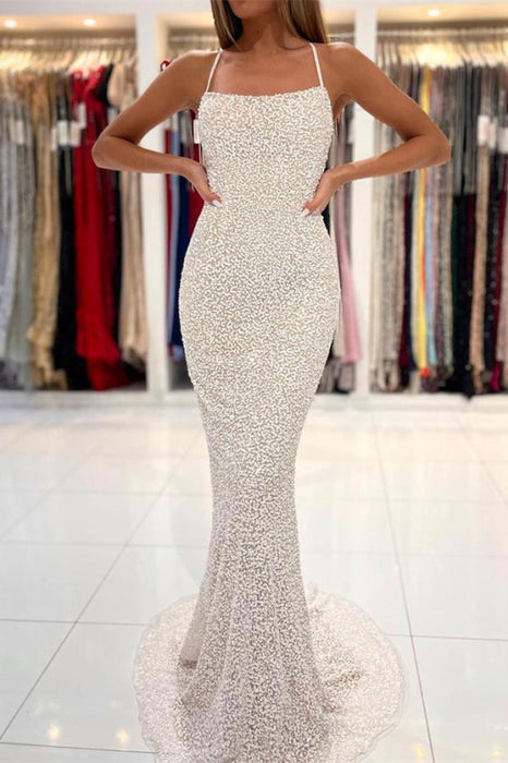 Strapless Spaghetti-Strap Sequined Mermaid Prom Dress with Open Back