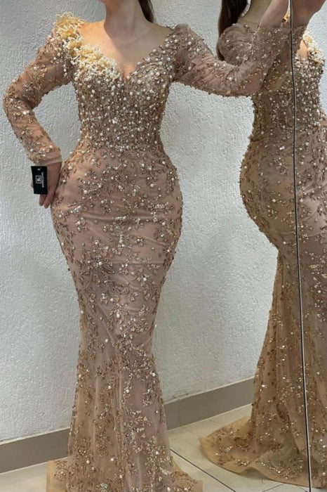 Stunning Beaded Mermaid Evening Dress Long Sleeves Prom Dress with Train - evening dresses