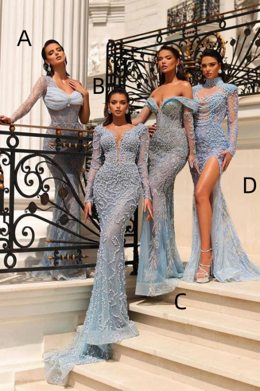 Stunning Blue Off-the-Shoulder Prom Dress with Sequin and Bead Appliqu¨¦