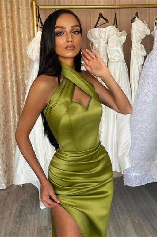 Stunning Green Halter Mermaid Long Prom Dress with Split