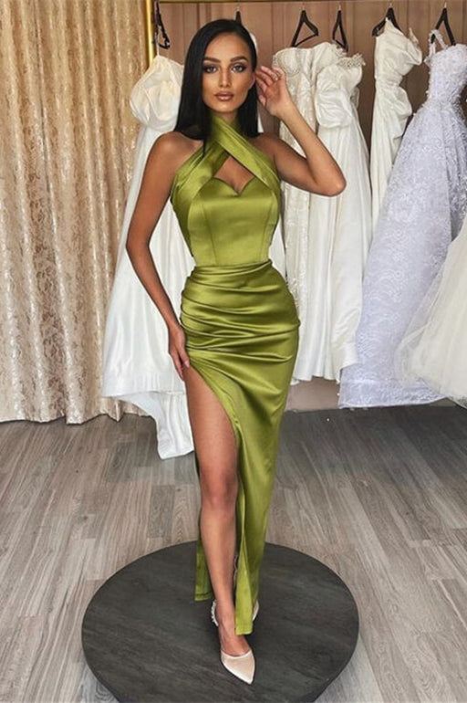 Stunning Green Halter Mermaid Long Prom Dress with Split