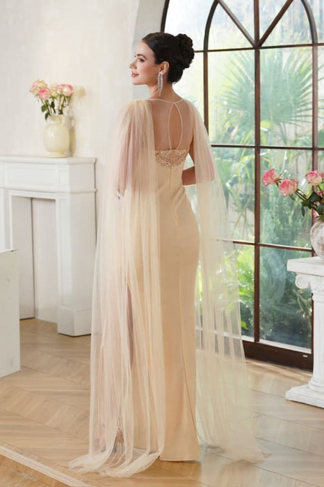 Stunning Mermaid Scoop Neck Sleeveless Side Slit Beadings Prom Dresses with Cape - Prom Dresses