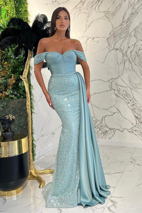 Stunning Off-the-Shoulder Sweetheart Sequined Mermaid Prom Dress with Ruffle