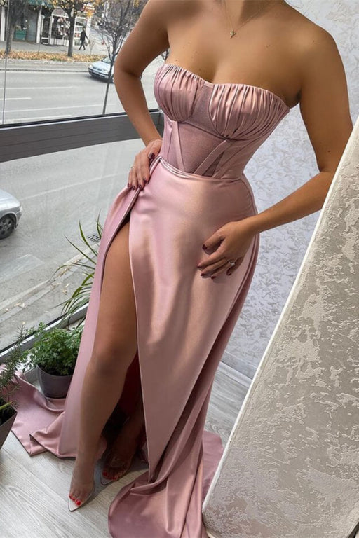 Stunning Pink Strapless Mermaid Prom Dress with Pleats, Ruffles, and Slit