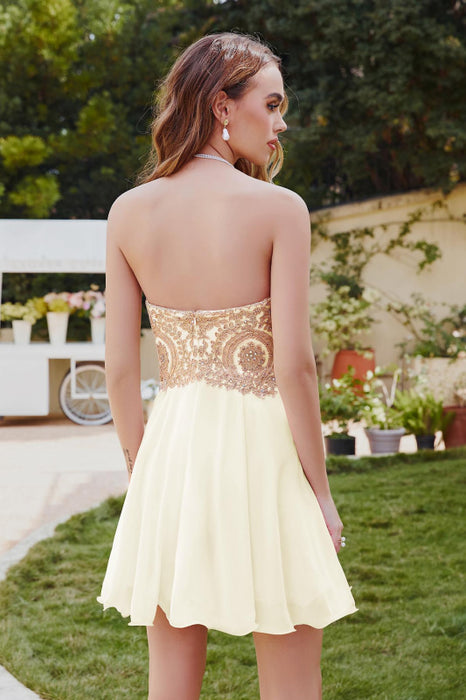 Stunning Strapless Chiffon Short Homecoming Dress Gold Appliques Mini Party Wear Dress For Girls - Prom Dresses