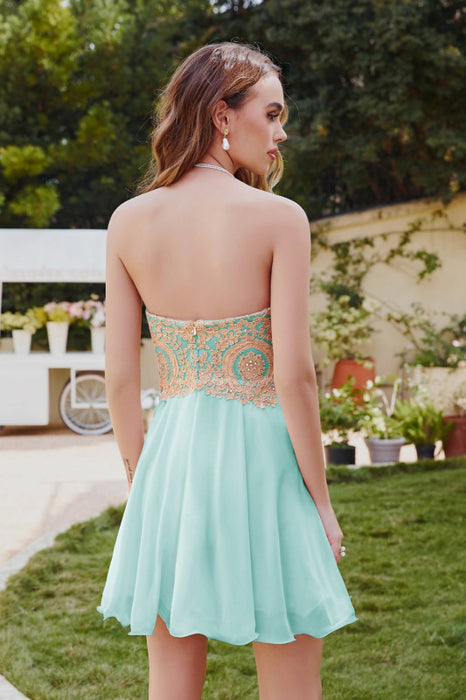 Stunning Strapless Chiffon Short Homecoming Dress Gold Appliques Mini Party Wear Dress For Girls - Prom Dresses