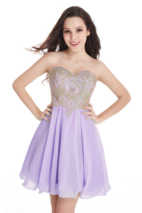 Stunning Strapless Chiffon Short Homecoming Dress Gold Appliques Mini Party Wear Dress For Girls - Lilac / US 2 - Prom Dresses