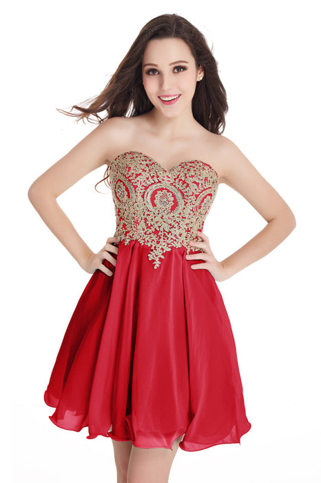 Stunning Strapless Chiffon Short Homecoming Dress Gold Appliques Mini Party Wear Dress For Girls - Red / US 2 - Prom Dresses