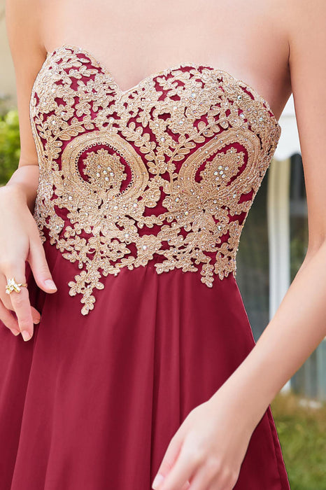 Stunning Strapless Chiffon Short Homecoming Dress Gold Appliques Mini Party Wear Dress For Girls - Prom Dresses