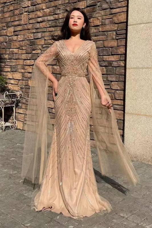 Stunning V-Neck Long Sleeve Tulle Mermaid Prom Gown Embellished with Beadwork