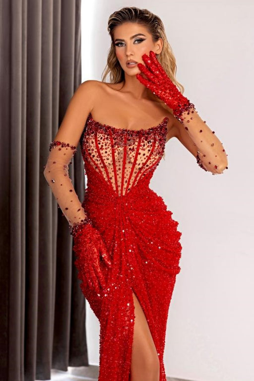 Stylish Beaded Strapless Side Split Column Sequins Evening Dress with Gloves