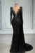 Stylish Black A-line Mermaid Evening Dress Deep V-Neck Beadings Long Sleeves Prom Dress - Prom Dress