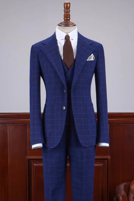 Curitis Stylish Dark Blue Plaid Notched Lapel Three Pieces Business Suits