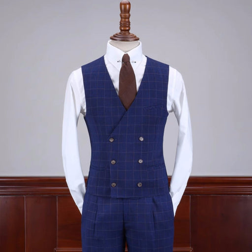 Curitis Stylish Dark Blue Plaid Notched Lapel Three Pieces Business Suits