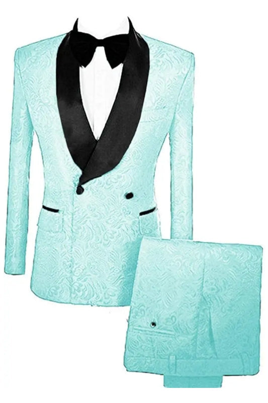 Marlon Stylish Mint Double Breasted Jacquard Wedding Suits With Velvet Lapel