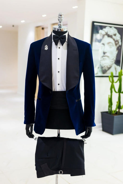 Conrad Stylish Navy Blue Shawl Lapel Two Pieces Velvet Wedding Suits