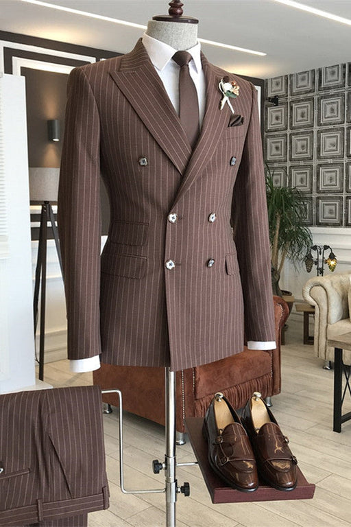 Garrett Stylish Coffee Peaked Lapel Double Breasted Striped Business Suits