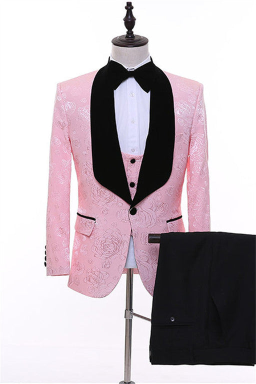 Duke Chic Pink Three Pieces Shawl Lapel Jacquard Men Suits For Wedding