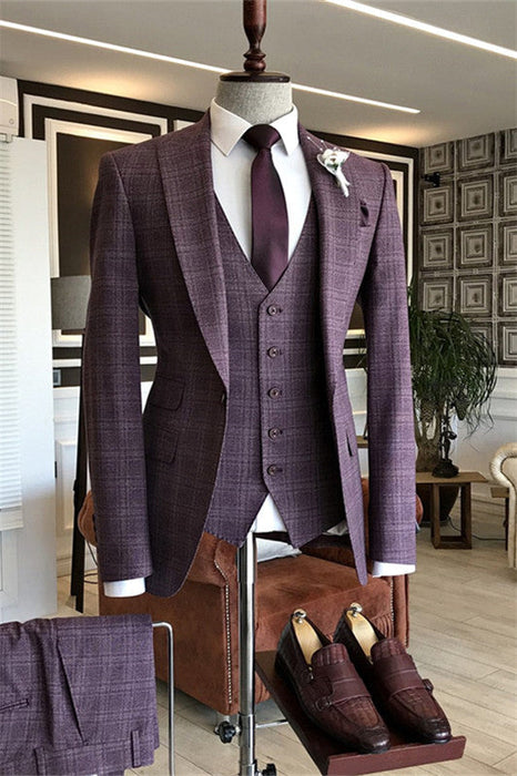 Bill Stylish Purple Peaked Lapel Three Pieces Plaid Men Suits For Business