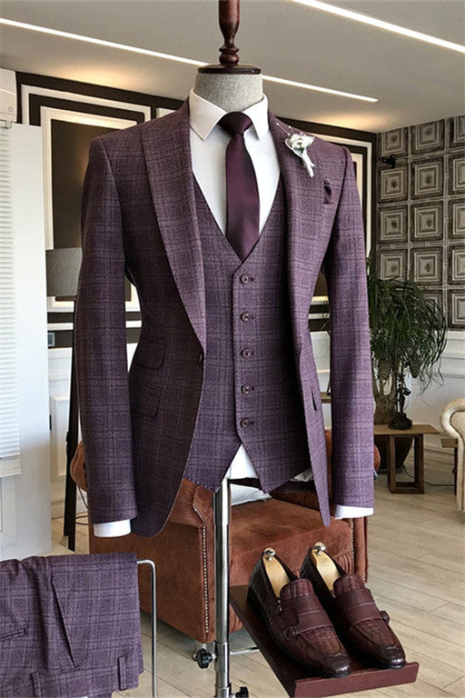 Bill Stylish Purple Peaked Lapel Three Pieces Plaid Men Suits For Business