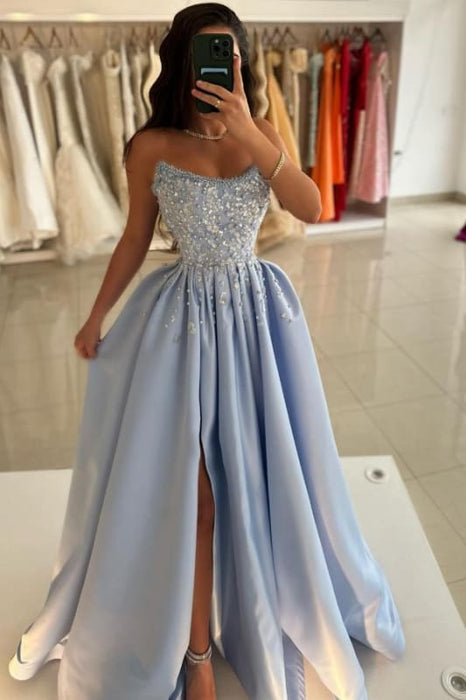 Stylish Strapless Satin Ruched Sequins A-Line Prom Dresses