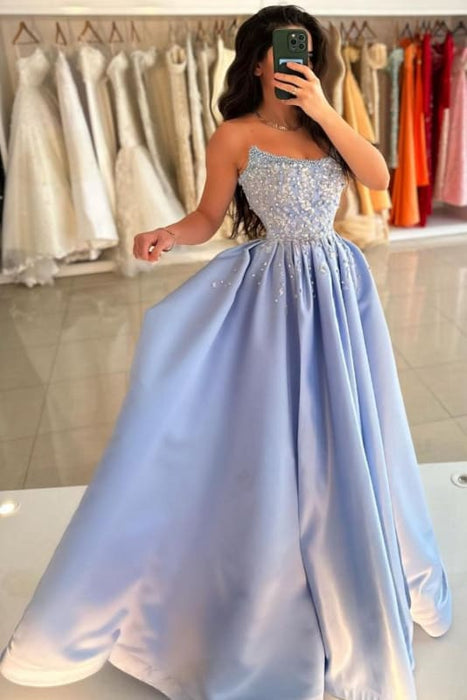 Stylish Strapless Satin Ruched Sequins A-Line Prom Dresses
