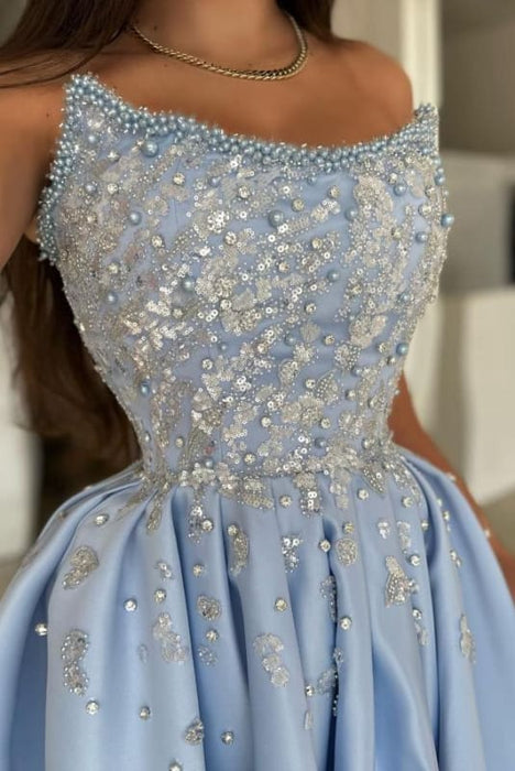 Stylish Strapless Satin Ruched Sequins A-Line Prom Dresses