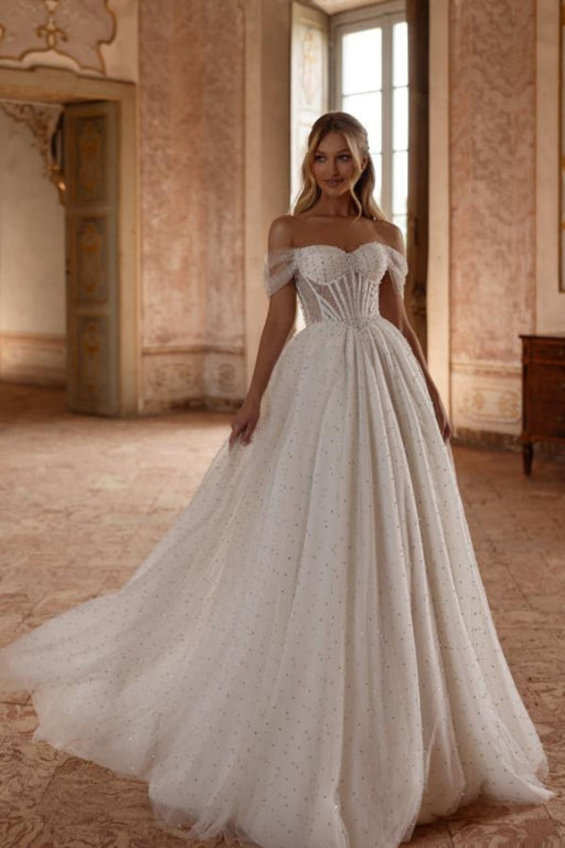 Sweet Off-the-Shoulder Beaded Tulle Lace A-Line Wedding Dress