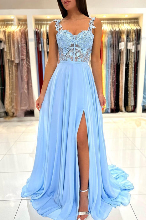 Sweetheart A-Line Lace Long Prom Dress with Slit in Baby Blue