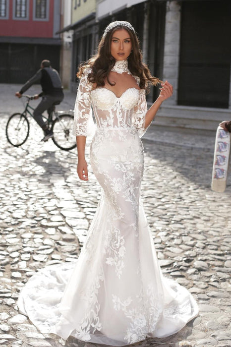 Sweetheart Long Sleeves High Collar Appliques Lace Mermaid Wedding Dress