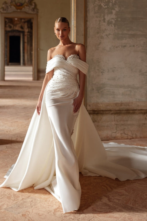 Sweetheart Off-the-Shoulder Beaded Ruched Satin Chapel Train Wedding Dress