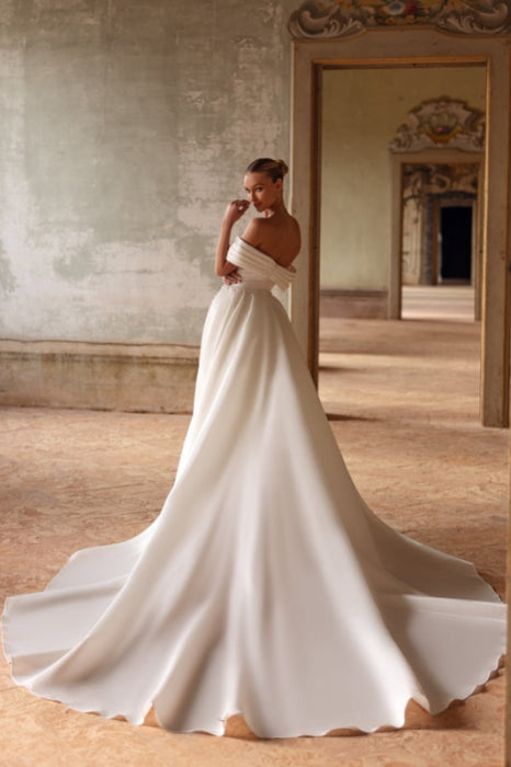 Sweetheart Off-the-Shoulder Beaded Ruched Satin Chapel Train Wedding Dress