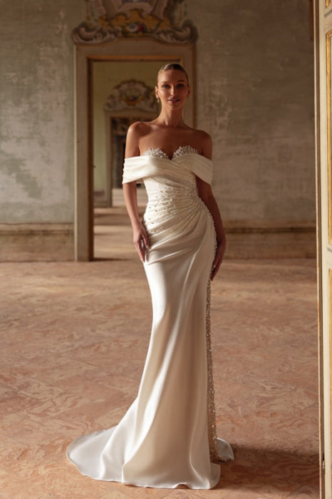 Sweetheart Off-the-Shoulder Beaded Ruched Satin Chapel Train Wedding Dress