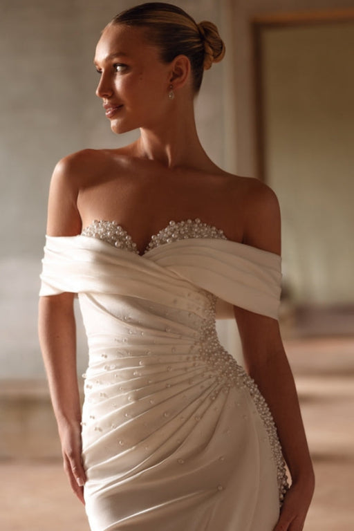 Sweetheart Off-the-Shoulder Beaded Ruched Satin Chapel Train Wedding Dress