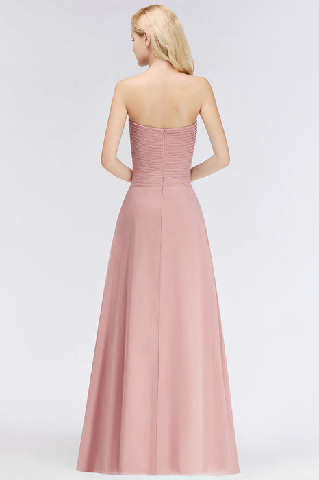 Bridelily Gorgeous Sweetheart Ruched Long Bridesmaid Dress Dusty Rose Chiffon Strapless Maid of Honor Dress