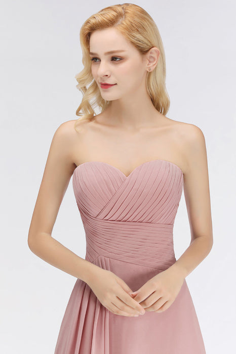 Bridelily Gorgeous Sweetheart Ruched Long Bridesmaid Dress Dusty Rose Chiffon Strapless Maid of Honor Dress