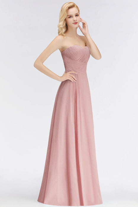 Bridelily Gorgeous Sweetheart Ruched Long Bridesmaid Dress Dusty Rose Chiffon Strapless Maid of Honor Dress