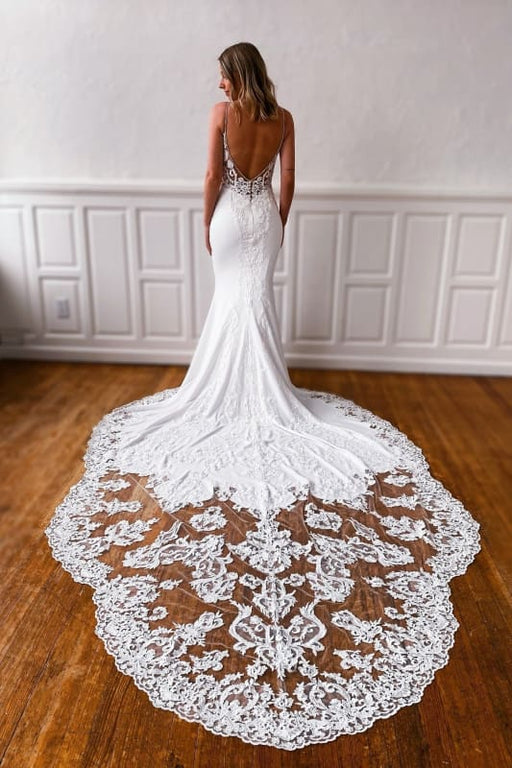 Sweetheart Spaghetti Straps Appliques Lace Mermaid Wedding Dresses with Train