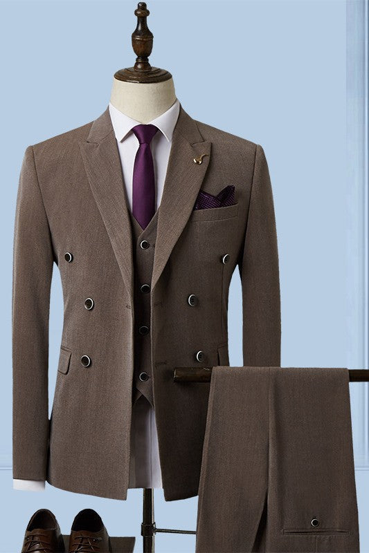 Bespoke Taupe Brown Single Breasted Three Pieces Peaked Lapel Business Suits