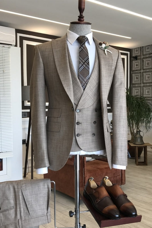 Felix Taupe Peaked Lapel Slim Fit Three Pieces Business Suits