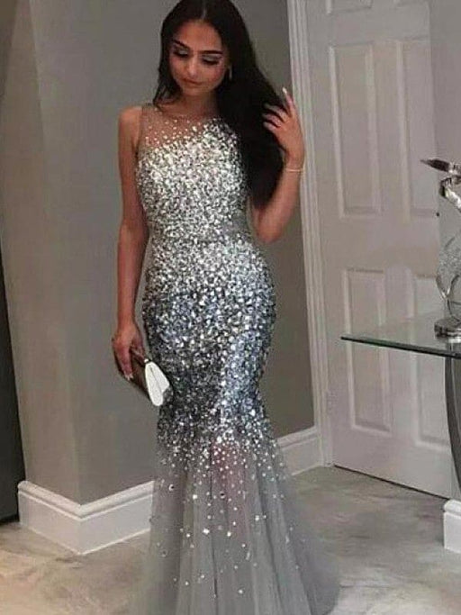 Trumpet/Mermaid Jewel Sleeveless Floor-Length Sequin Tulle Dresses - Prom Dresses
