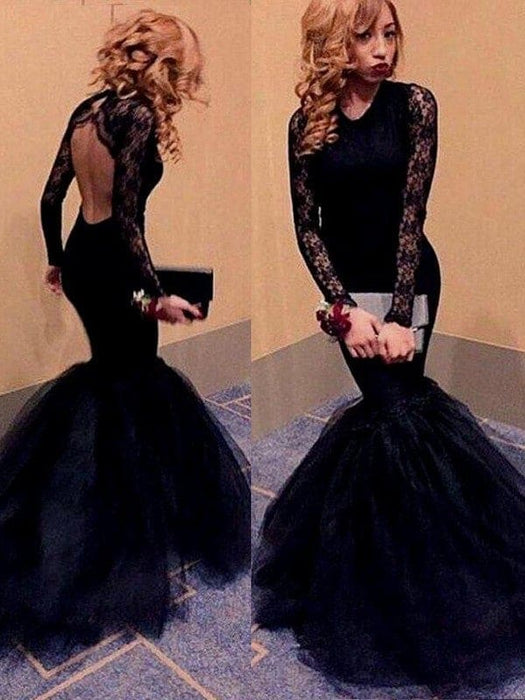 Trumpet/Mermaid Long Sleeves Scoop Lace Sweep/Brush Train Tulle Dresses - Prom Dresses