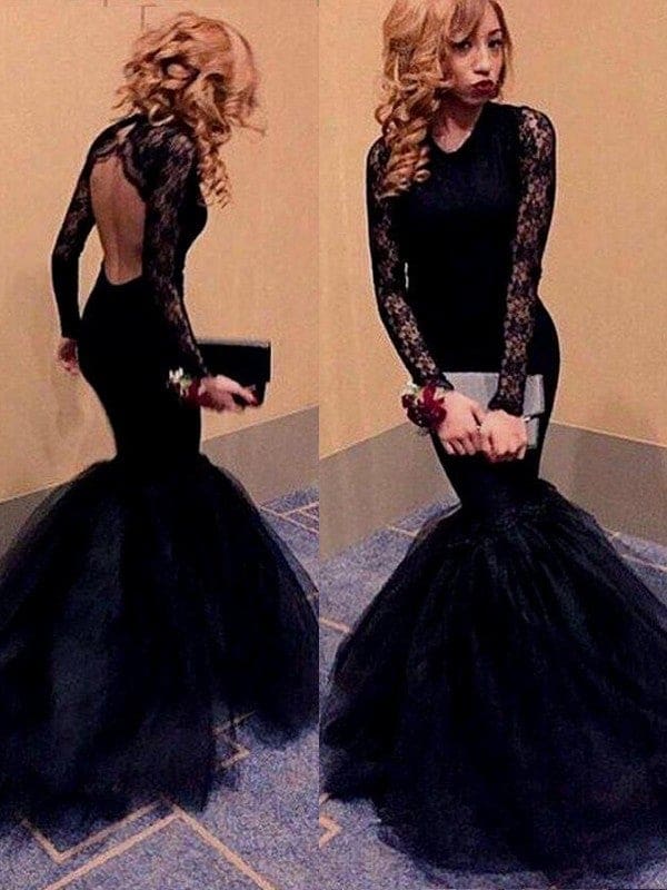 Trumpet/Mermaid Long Sleeves Scoop Lace Sweep/Brush Train Tulle Dresses - Prom Dresses