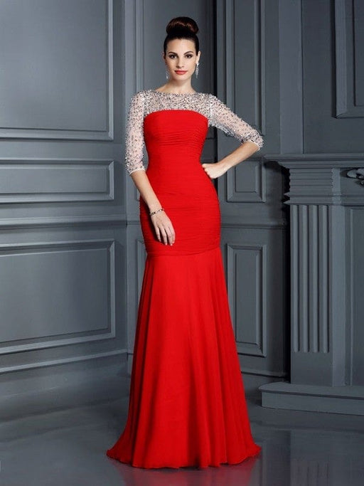 Trumpet/Mermaid Scoop Beading 3/4 Sleeves Long Chiffon Dresses - Prom Dresses