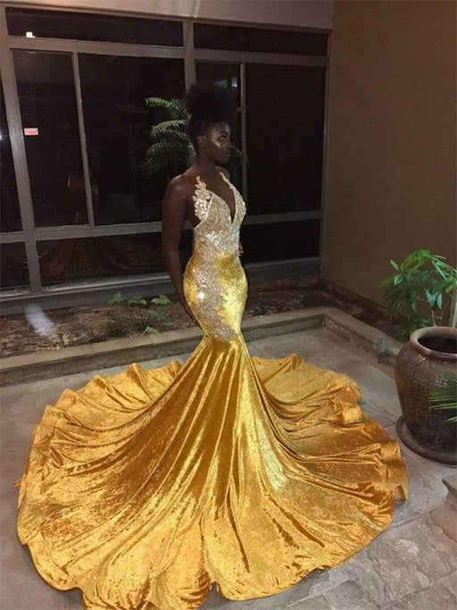 Trumpet/Mermaid Sleeveless V-neck Court Train Lace Velvet Dresses - Prom Dresses