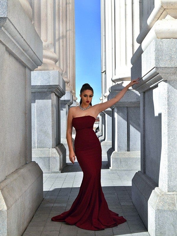Trumpet/Mermaid Stretch Crepe Sleeveless Ruffles Sweep/Brush Train Strapless Dresses - Prom Dresses