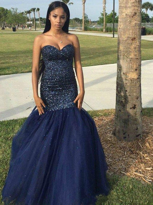 Trumpet/Mermaid Sweetheart Beading Sleeveless Tulle Floor-Length Dresses - Prom Dresses