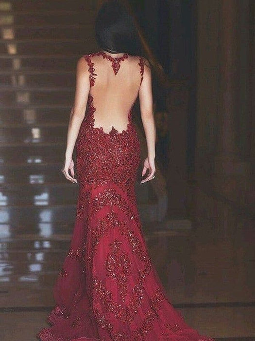 Trumpet/Mermaid V-neck Sleeveless Sweep/Brush Train Applique Tulle Dresses - Prom Dresses
